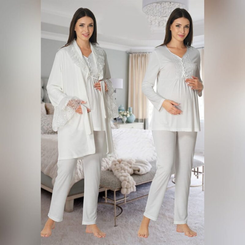 Pyjama de Maternité 3 Pièces Blanc | Luxe en Coton & Peignoir Velours | Importé de Turquie