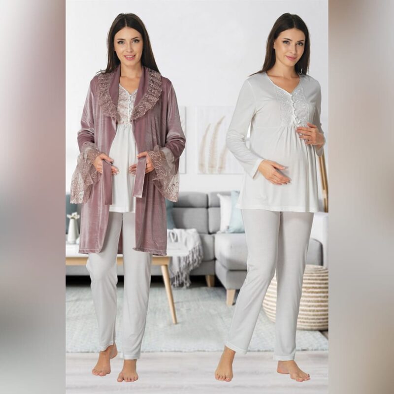 Pyjama de Maternité 3 Pièces | Luxe en Coton & Peignoir Velours | Importé de Turquie